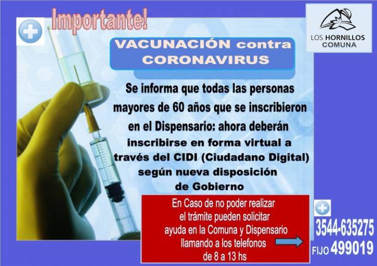 LOS HORNILLOS,TRASLASIERRA CÓRDOBA :  ATENCIÓN A TODOS LOS QUE SE REGISTRARON,PARA VACUNARSE CONTRA EL CORONAVIRUS.