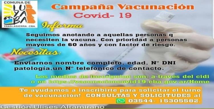 LUYABA,TRASLASIERRA : ATENCIÓN "CAMPAÑA DE VACUNACIÓN COVID-19, EN LA PEDANÍA."