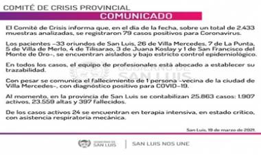 SAN LUIS, COVID-19  : 79 CASOS PÓSITIVOS Y 1 FALLECIDO EN LA JORNADA DEL VIERNES 19 DE MARZO.