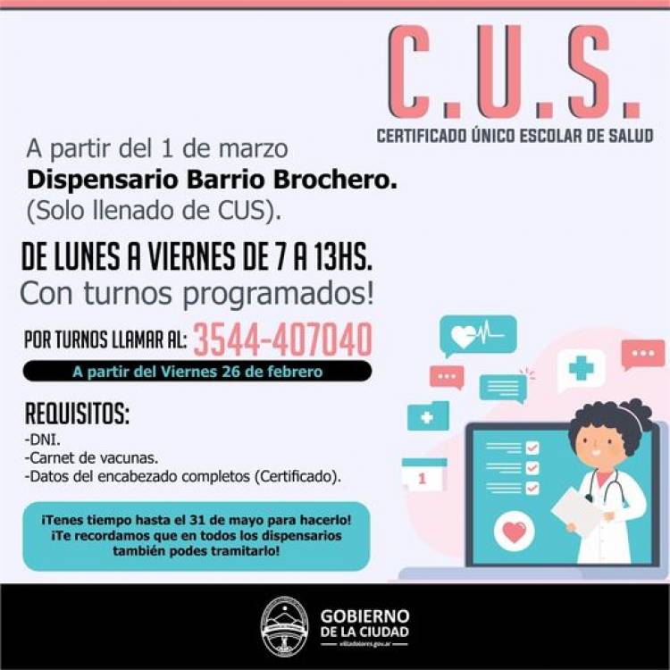 VILLA DOLORES : LOS TURNOS PARA LOS CERTIFICADOS MÉDICOS ESCOLARES SE OTORGARÁN EXCLUSIVAMENTE POR TELÉFONO.